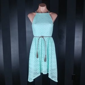 Mint Halter Dress - a line - lace with belt